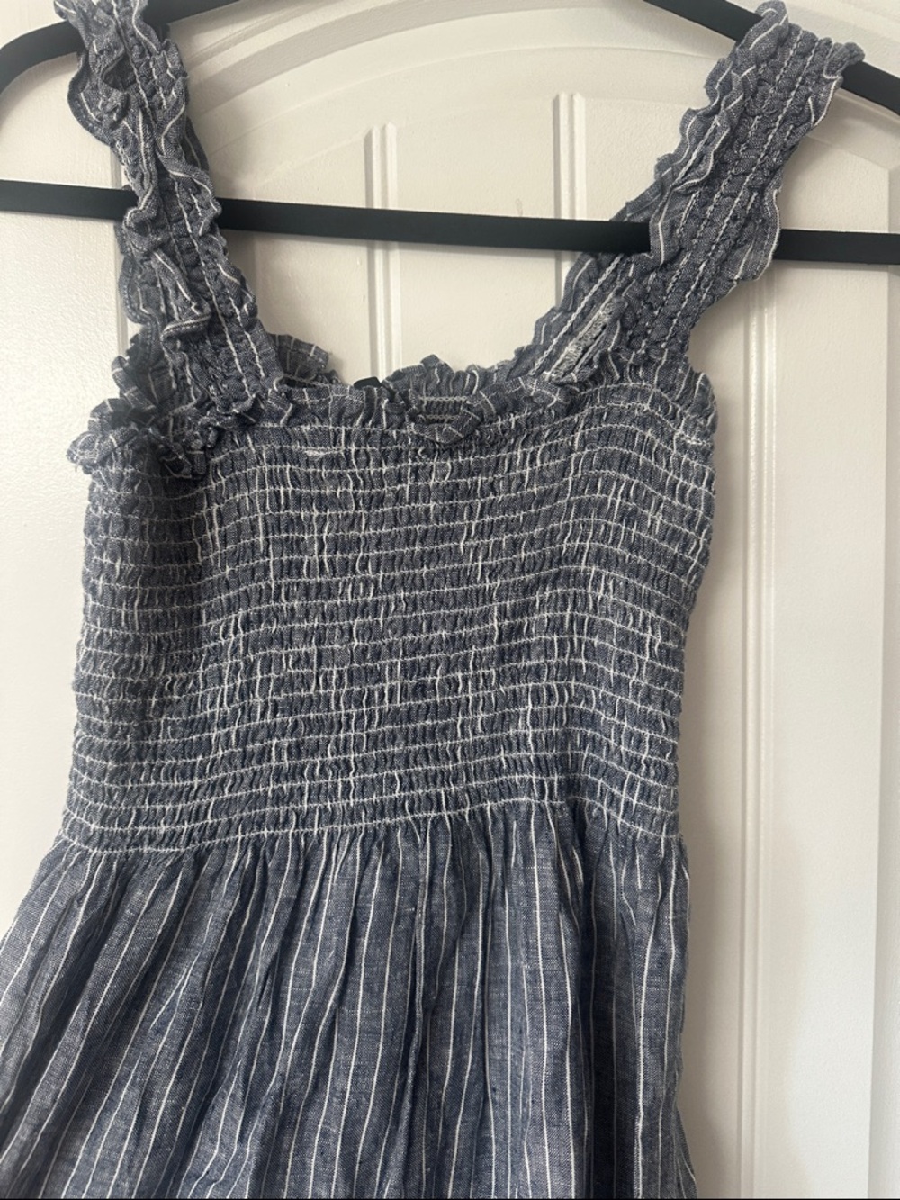 Quince Blue Striped Smocked Linen Midi Dress - Picture 10 of 10
